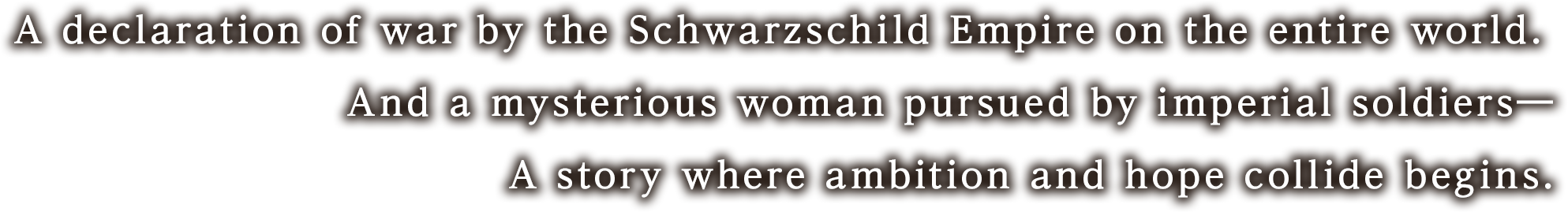 シュバルツシルト皇国による全世界への宣戦布告。そして皇国兵に追われる謎の女性――
野望と希望とが交錯する物語が始まる。