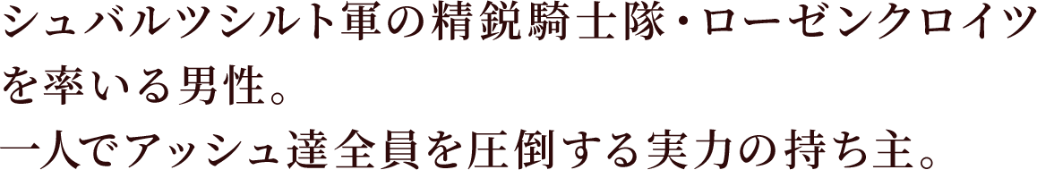 シュバルツシルト軍の精鋭騎士隊・ローゼンクロイツを率いる男性。
一人でアッシュ達全員を圧倒する実力の持ち主。