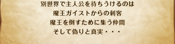 別世界で主人公を待ちうけるのは
魔王ガイストからの刺客
魔王を倒すために集う仲間
そして偽りと真実・・・