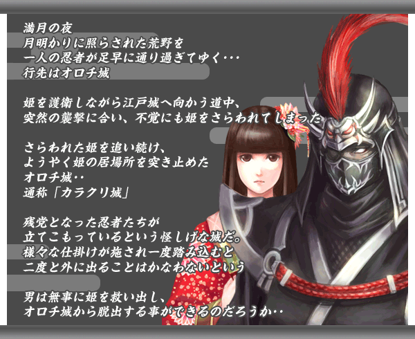 満月の夜

月明かりに照らされた荒野を
一人の忍者が足早に通り過ぎてゆく･･

行先はオロチ城

姫を護衛しながら江戸城へ向かう道中、
突然の襲撃に合い、不覚にも姫をさらわれてしまった

さらわれた姫を追い続け、
ようやく姫の居場所を突き止めた

オロチ城･･
通称「カラクリ城」

残党となった忍者たちが
立てこもっているという怪しげな城だ。

様々な仕掛けが施され一度踏み込むと
二度と外に出ることはかなわないという

男は無事に姫を救い出し、
オロチ城から脱出する事ができるのだろうか･･